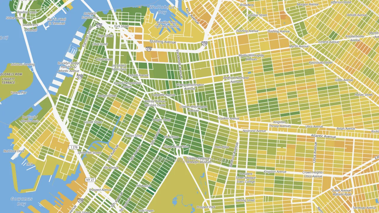 Map of the best neighborhoods in the Fort Green, Brooklyn area, with better matches in green and worse matches in red