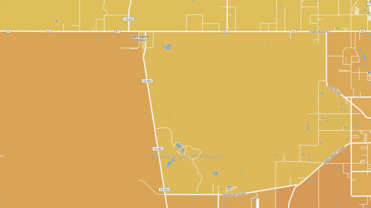 Map of the best neighborhoods in the Fort Green Springs area, with better matches in green and worse matches in red