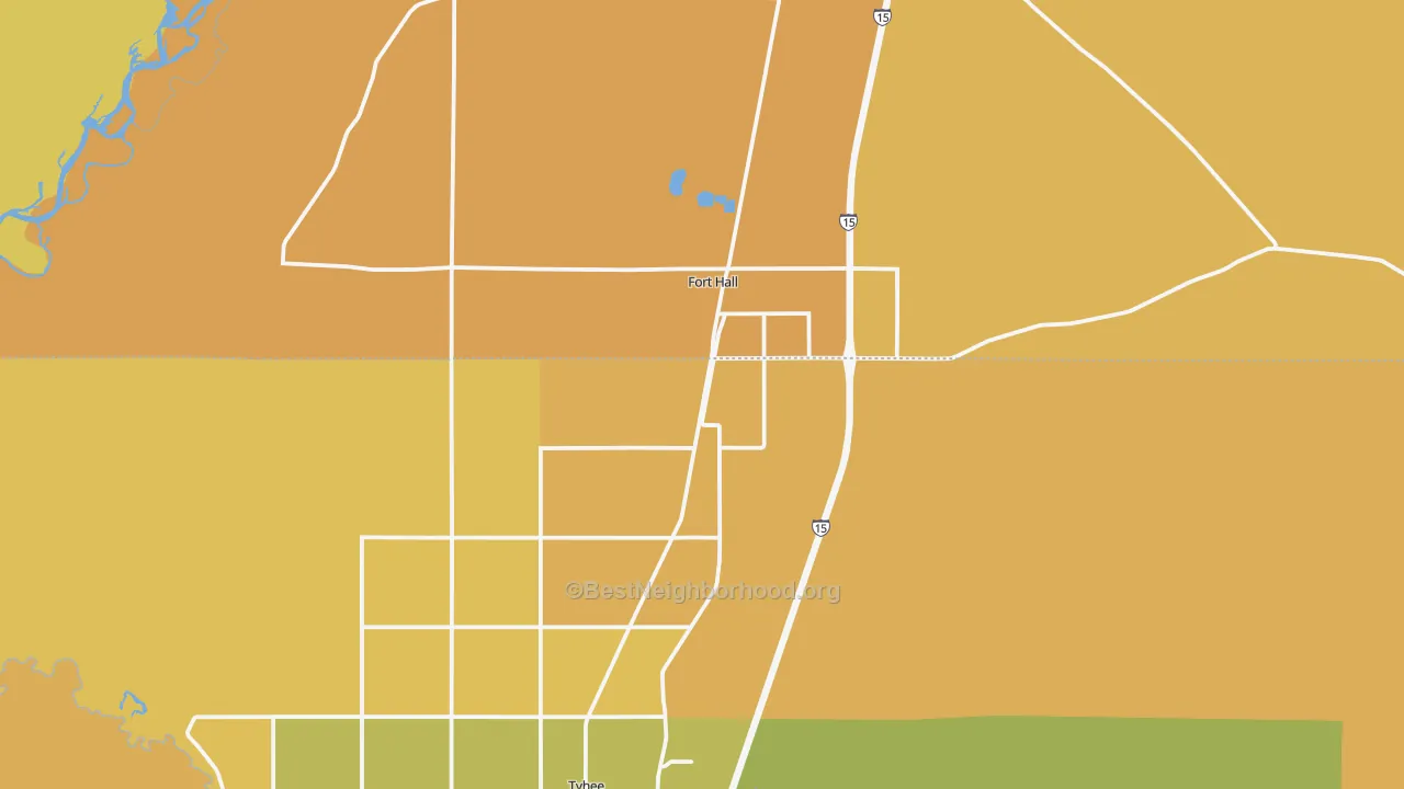 Map of the best neighborhoods in the Fort Hall area, with better matches in green and worse matches in red