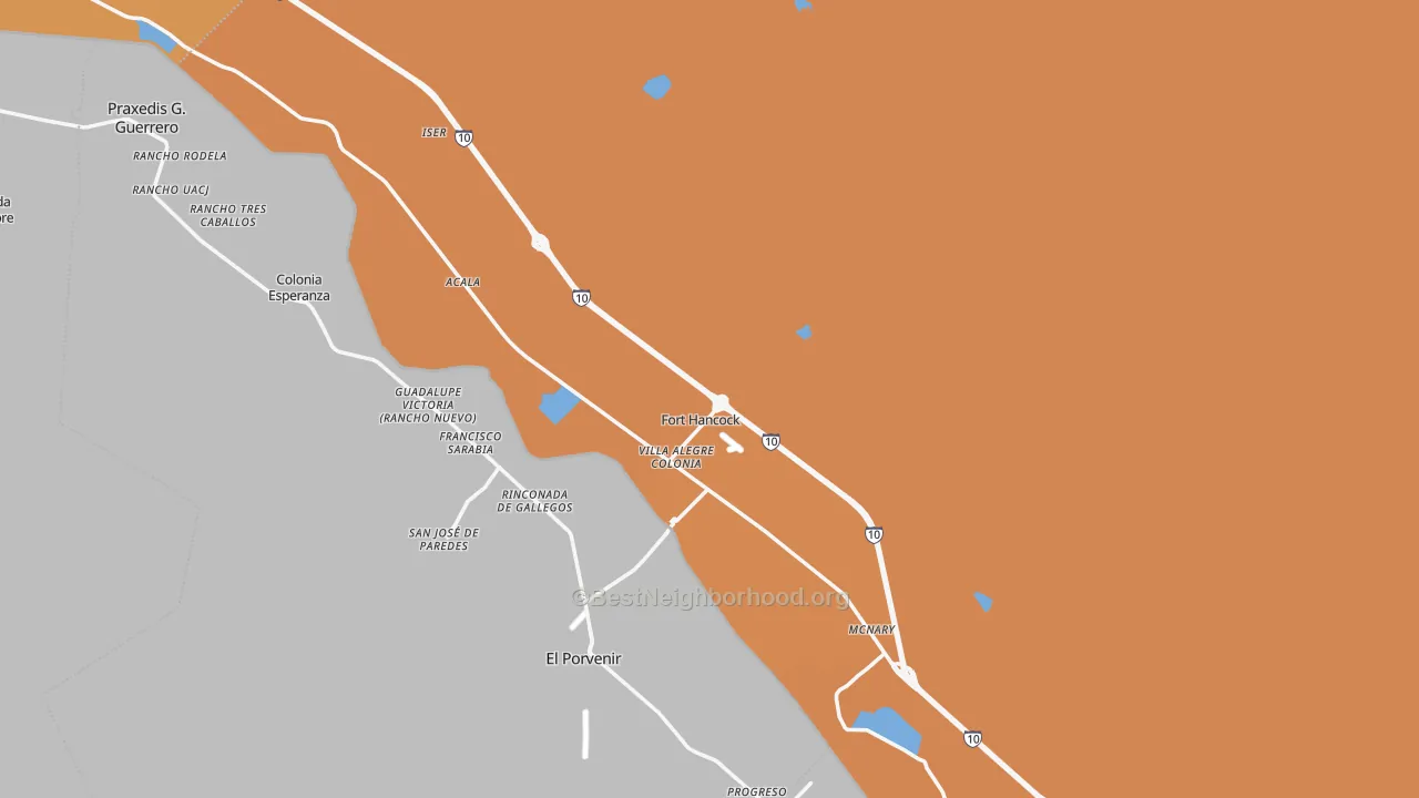 Map of the best neighborhoods in the Fort Hancock area, with better matches in green and worse matches in red