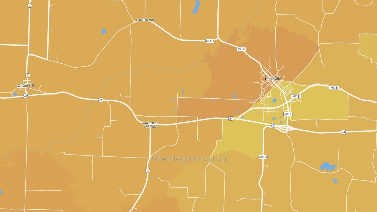 Map of the best neighborhoods in the Fort Henry area, with better matches in green and worse matches in red