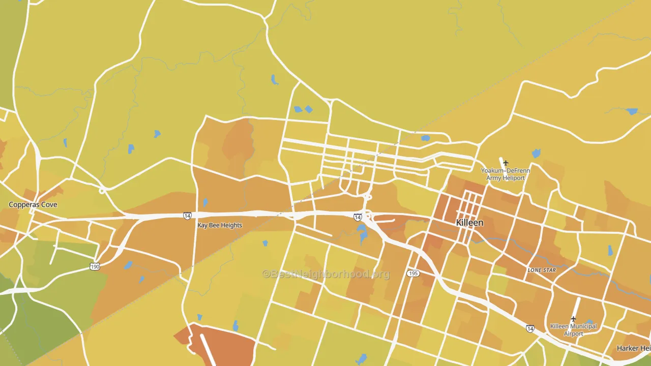 Map of the best neighborhoods in the Fort Hood area, with better matches in green and worse matches in red