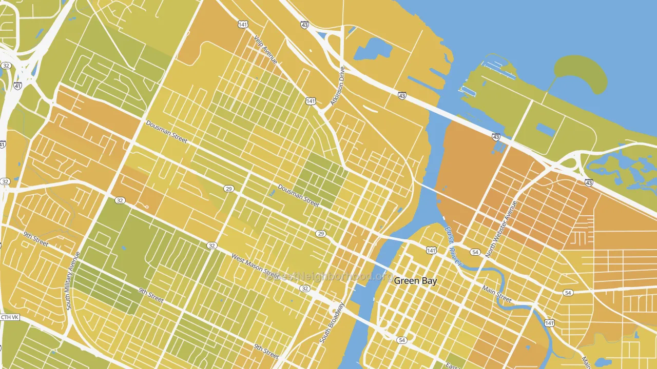Map of the best neighborhoods in the Fort Howard, Green Bay area, with better matches in green and worse matches in red