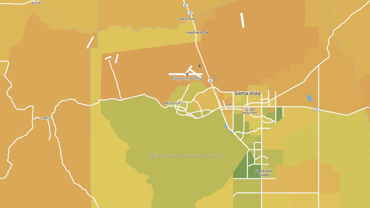 Map of the best neighborhoods in the Fort Huachuca area, with better matches in green and worse matches in red