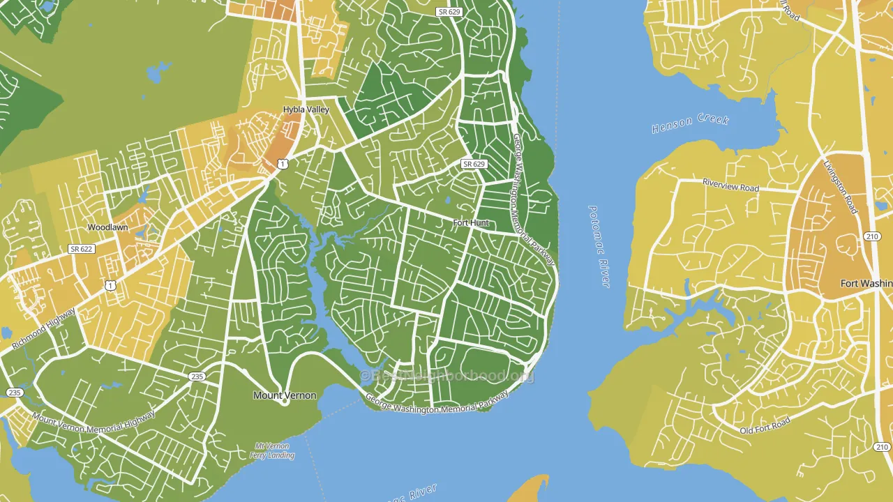 Map of the best neighborhoods in the Fort Hunt area, with better matches in green and worse matches in red
