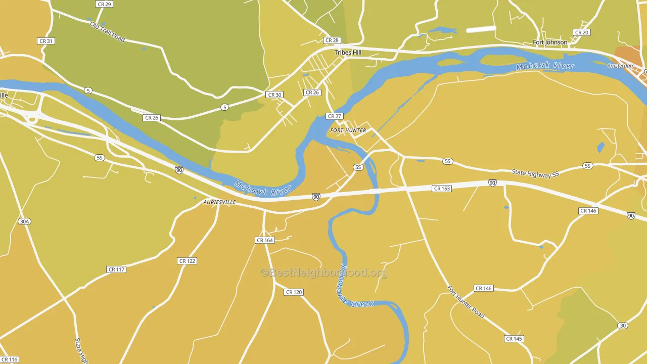 Map of the best neighborhoods in the Fort Hunter area, with better matches in green and worse matches in red