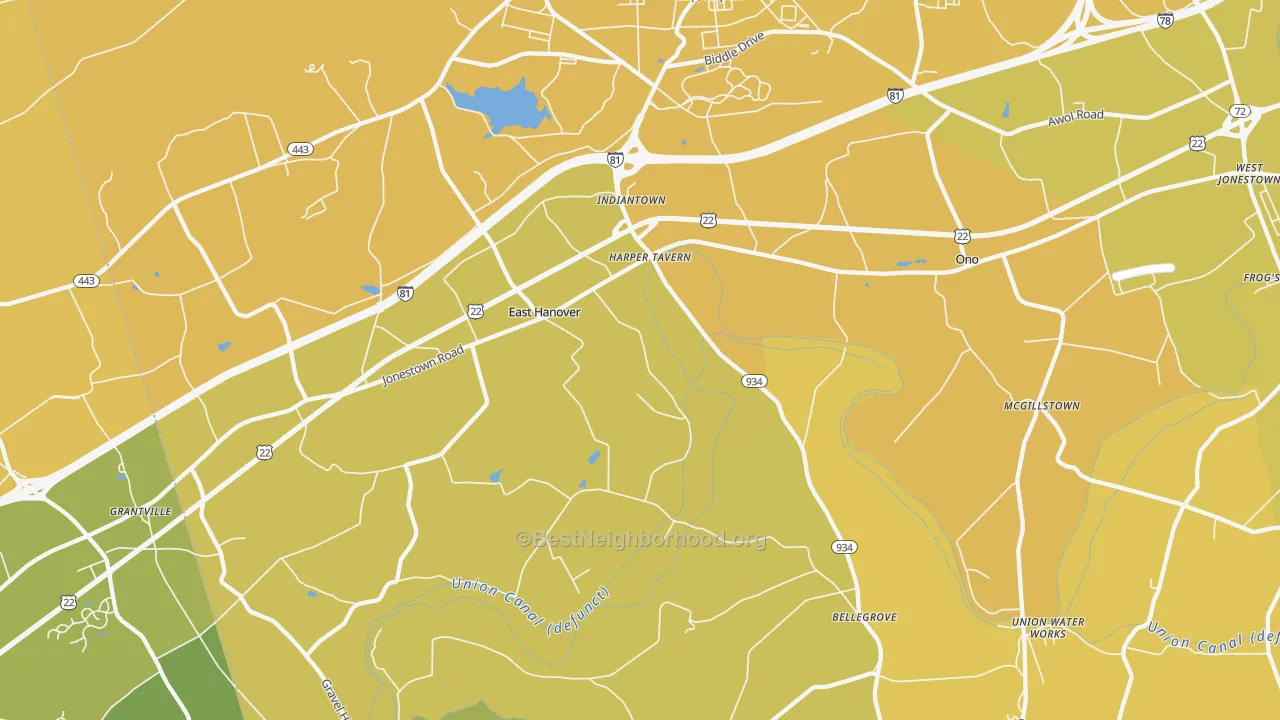 Map of the best neighborhoods in the Fort Indiantown Gap area, with better matches in green and worse matches in red