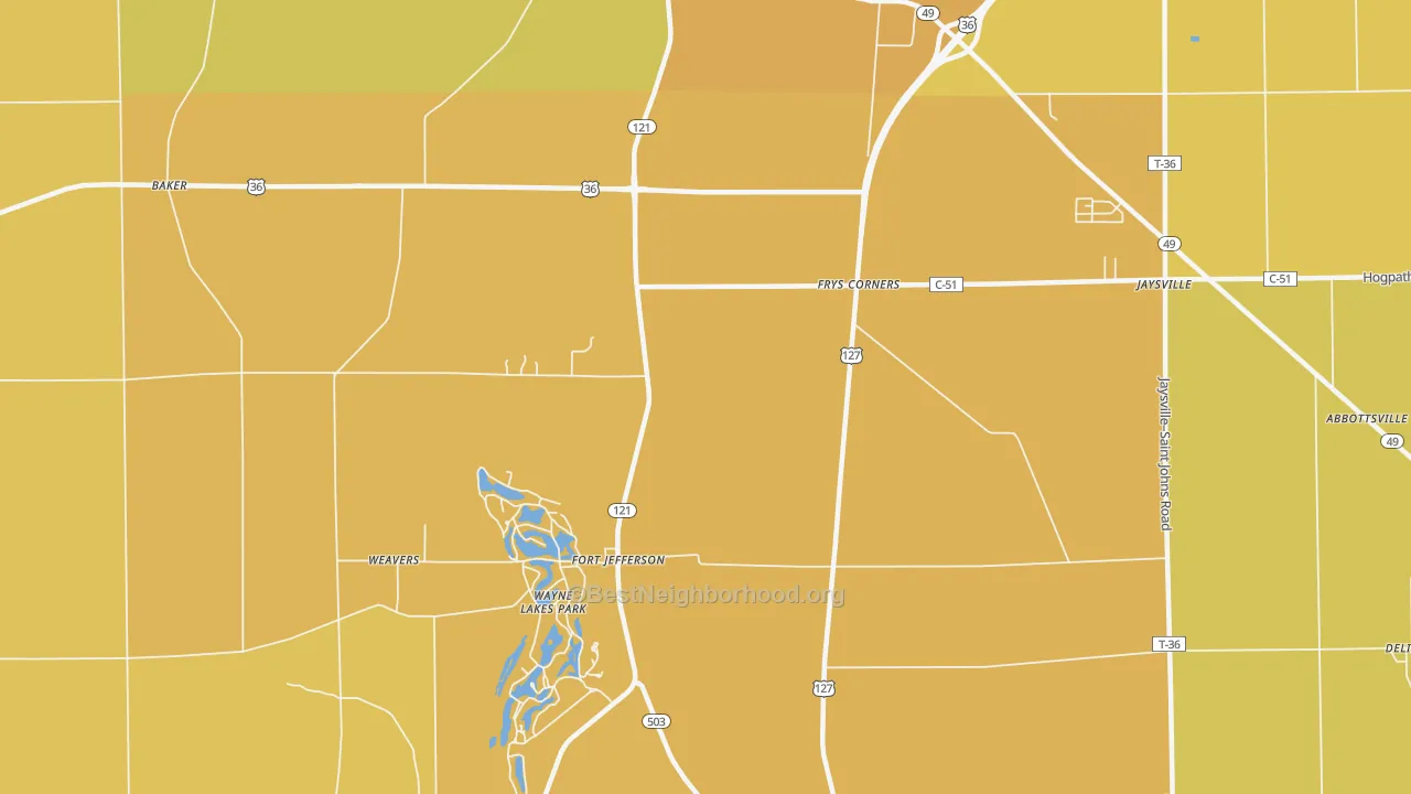 Map of the best neighborhoods in the Fort Jefferson area, with better matches in green and worse matches in red