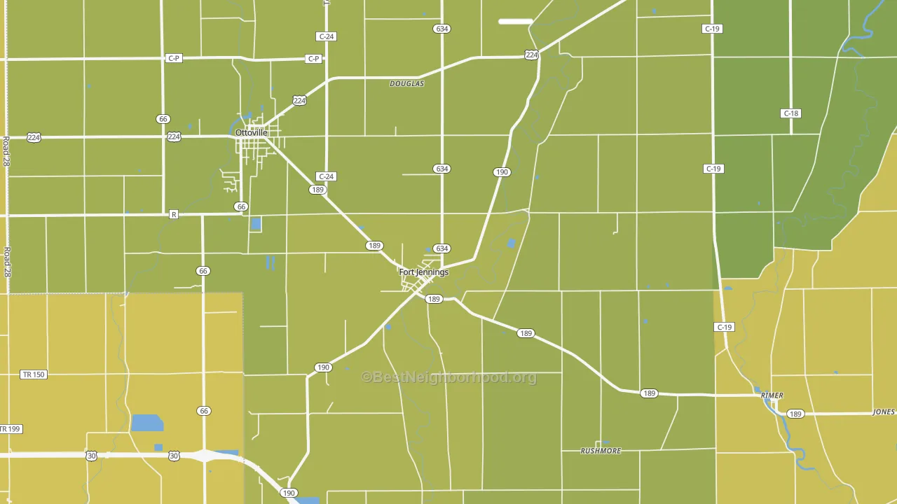 Map of the best neighborhoods in the Fort Jennings area, with better matches in green and worse matches in red