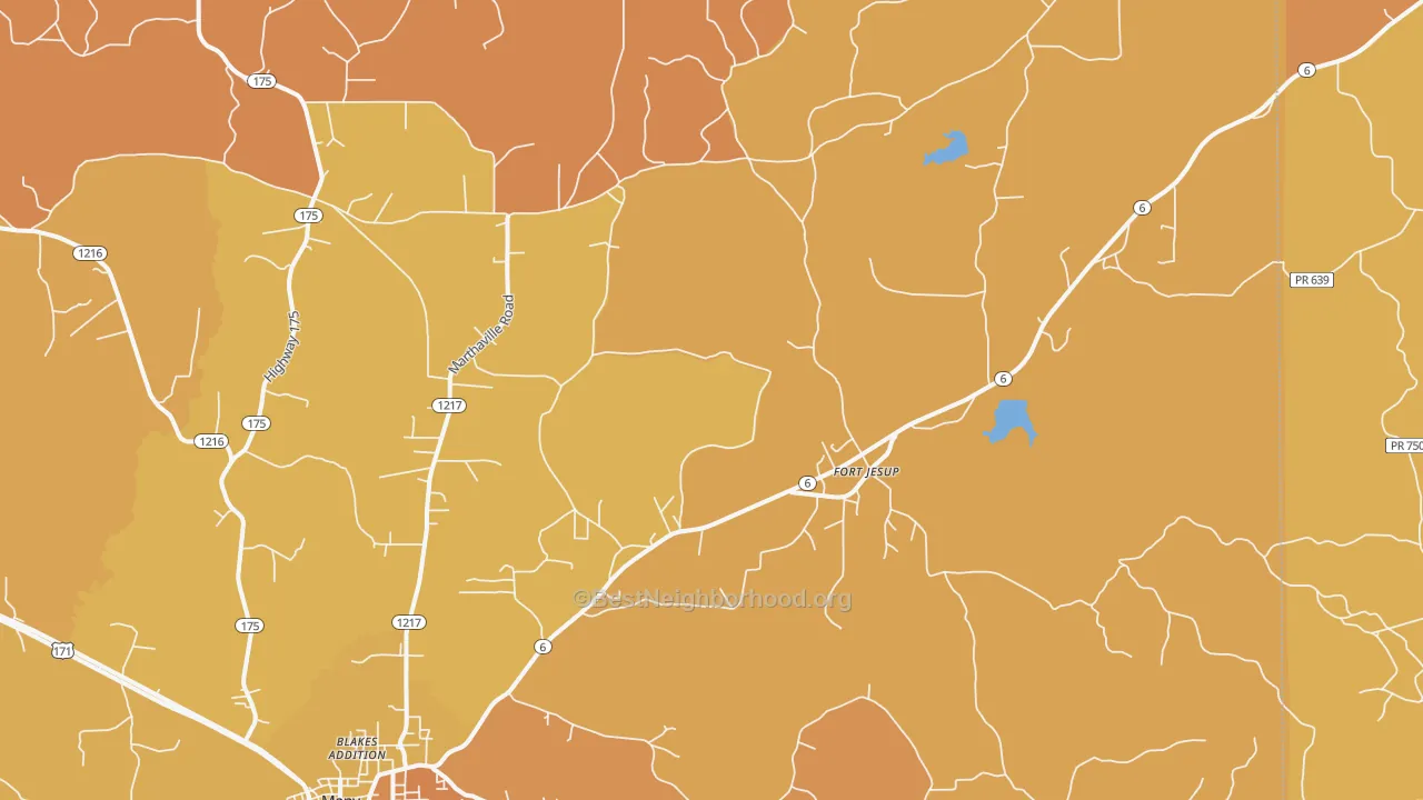 Map of the best neighborhoods in the Fort Jesup area, with better matches in green and worse matches in red
