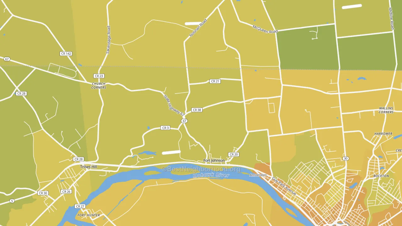 Map of the best neighborhoods in the Fort Johnson area, with better matches in green and worse matches in red