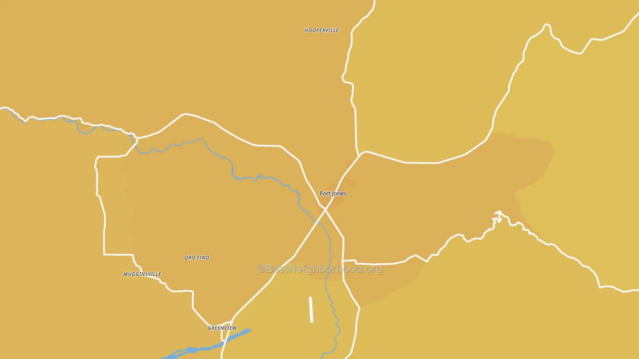 Map of the best neighborhoods in the Fort Jones area, with better matches in green and worse matches in red