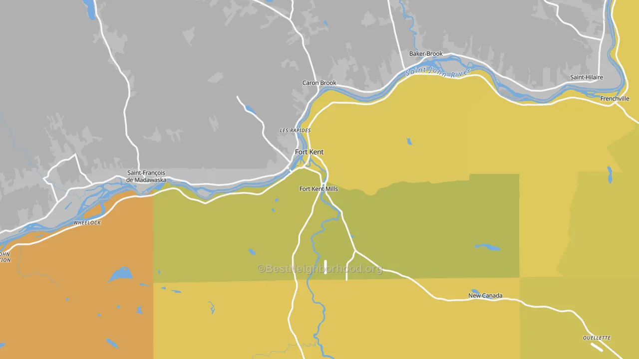 Map of the best neighborhoods in the Fort Kent area, with better matches in green and worse matches in red