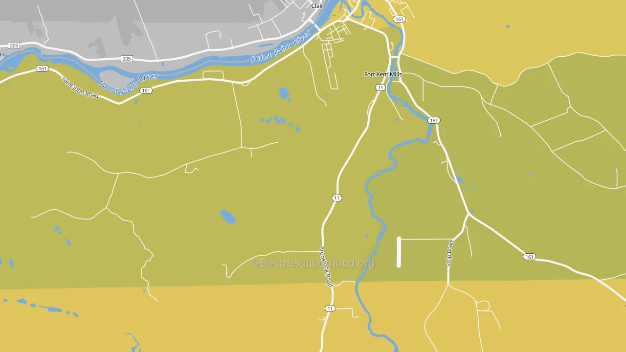 Map of the best neighborhoods in the Fort Kent Village area, with better matches in green and worse matches in red