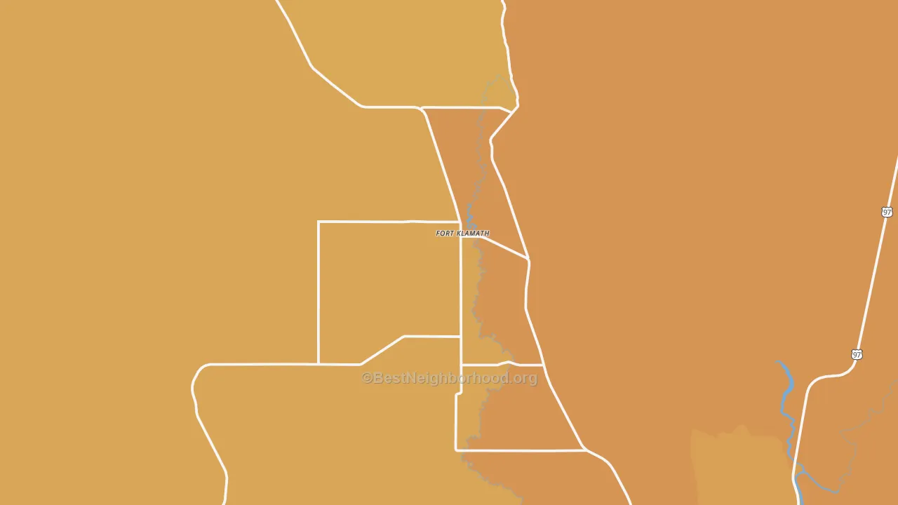 Map of the best neighborhoods in the Fort Klamath area, with better matches in green and worse matches in red