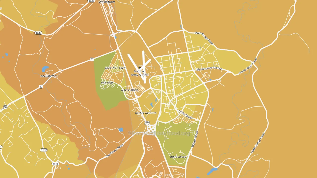 Map of the best neighborhoods in the Fort Knox area, with better matches in green and worse matches in red