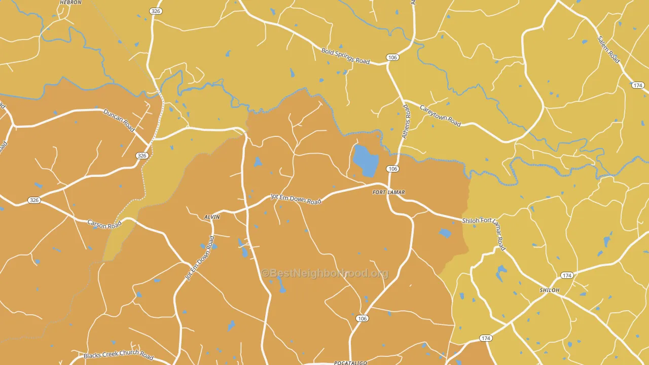 Map of the best neighborhoods in the Fort Lamar area, with better matches in green and worse matches in red