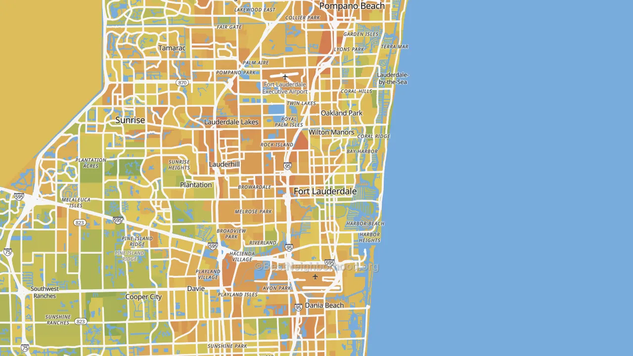 Map of the best neighborhoods in the Fort Lauderdale area, with better matches in green and worse matches in red
