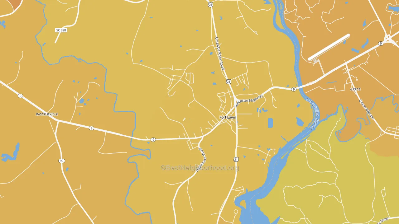 Map of the best neighborhoods in the Fort Lawn area, with better matches in green and worse matches in red