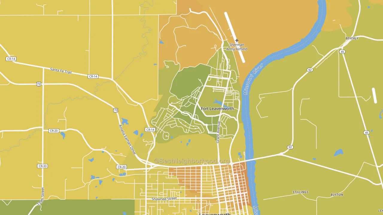 Map of the best neighborhoods in the Fort Leavenworth area, with better matches in green and worse matches in red
