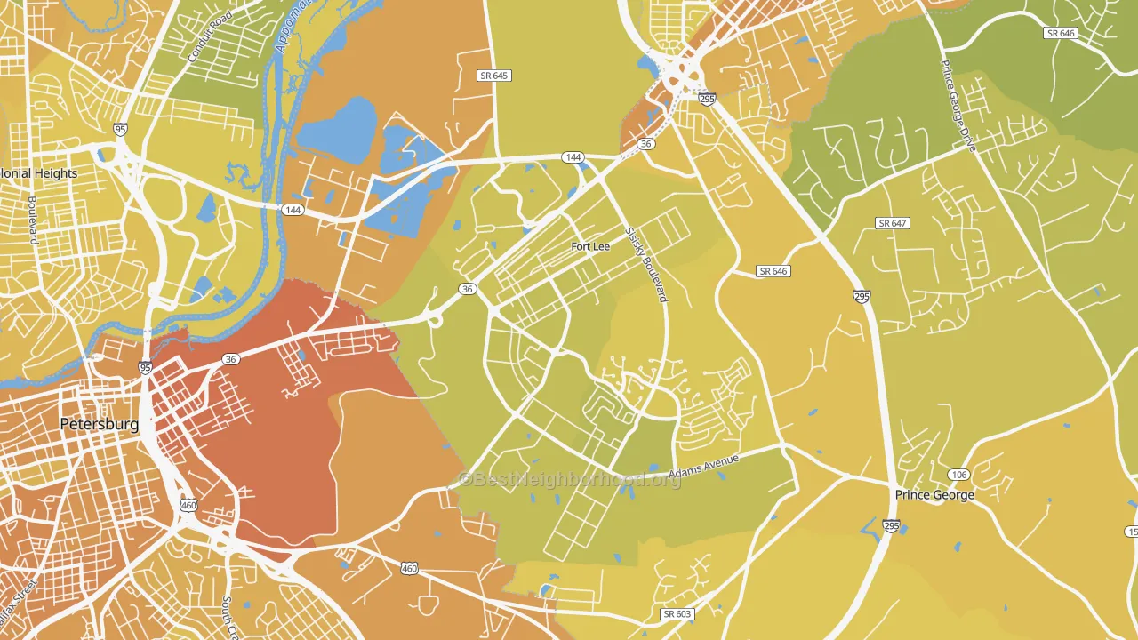 Map of the best neighborhoods in the Fort Lee area, with better matches in green and worse matches in red
