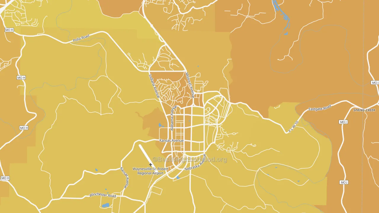 Map of the best neighborhoods in the Fort Leonard Wood area, with better matches in green and worse matches in red