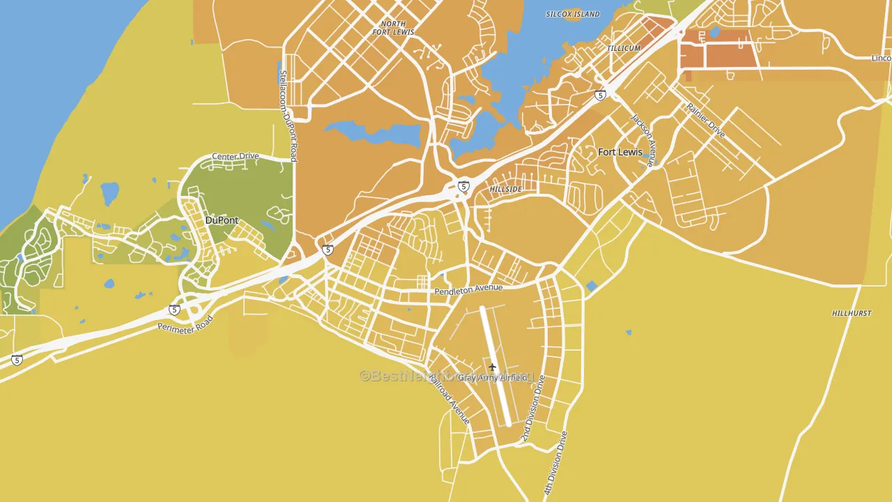 Map of the best neighborhoods in the Fort Lewis area, with better matches in green and worse matches in red
