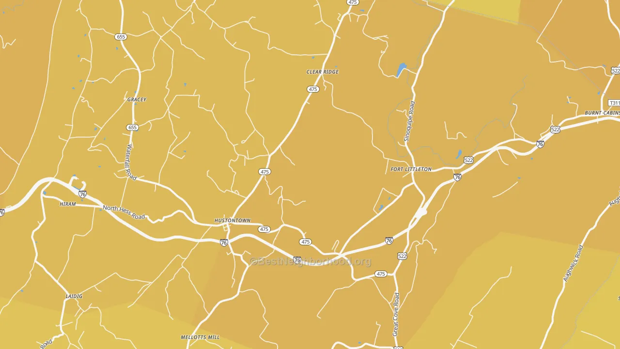 Map of the best neighborhoods in the Fort Littleton area, with better matches in green and worse matches in red