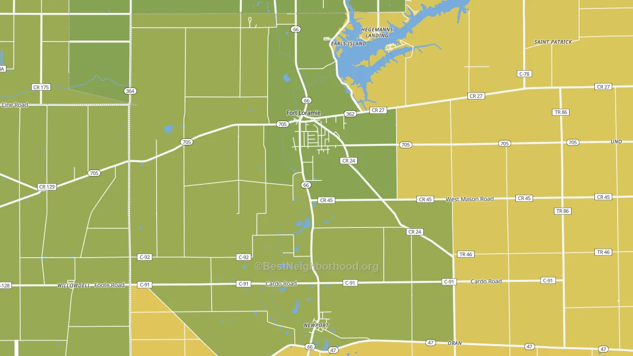 Map of the best neighborhoods in the Fort Loramie area, with better matches in green and worse matches in red