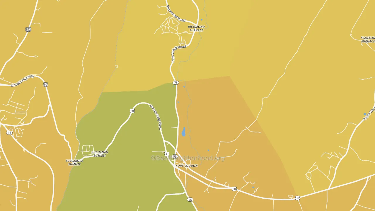 Map of the best neighborhoods in the Fort Loudon area, with better matches in green and worse matches in red
