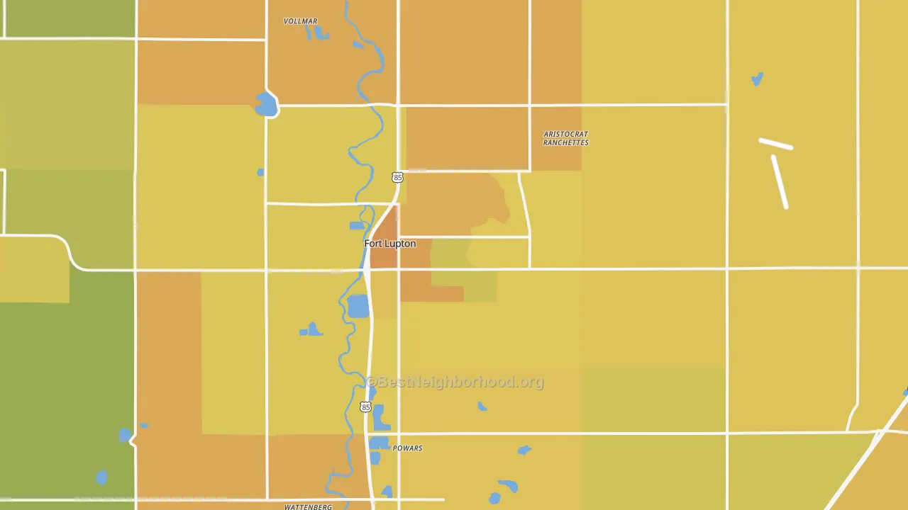Map of the best neighborhoods in the Fort Lupton area, with better matches in green and worse matches in red