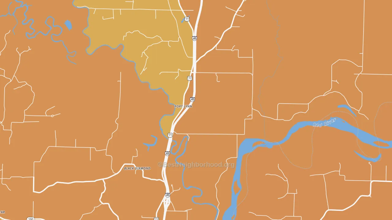Map of the best neighborhoods in the Fort Lynn area, with better matches in green and worse matches in red