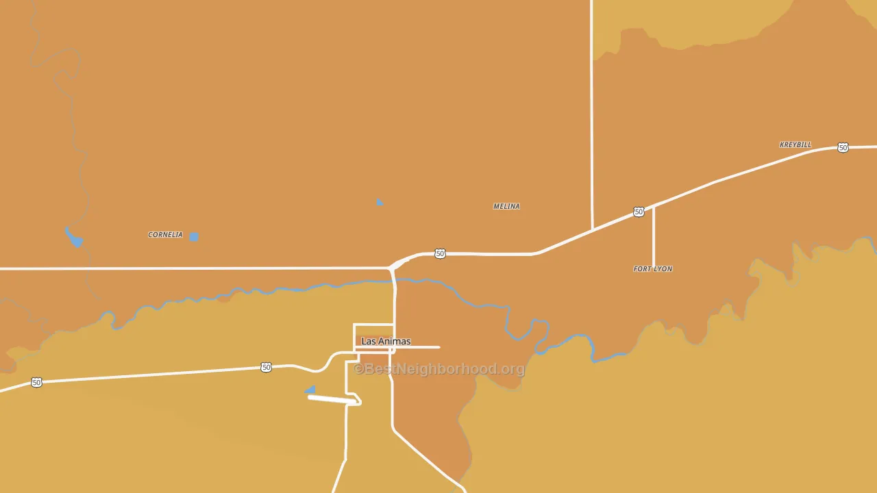 Map of the best neighborhoods in the Fort Lyon area, with better matches in green and worse matches in red