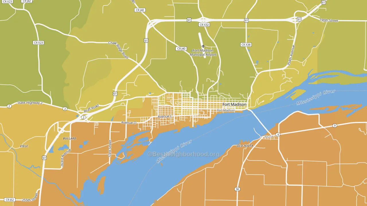 Map of the best neighborhoods in the Fort Madison area, with better matches in green and worse matches in red
