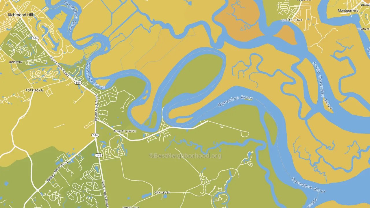 Map of the best neighborhoods in the Fort McAllister area, with better matches in green and worse matches in red
