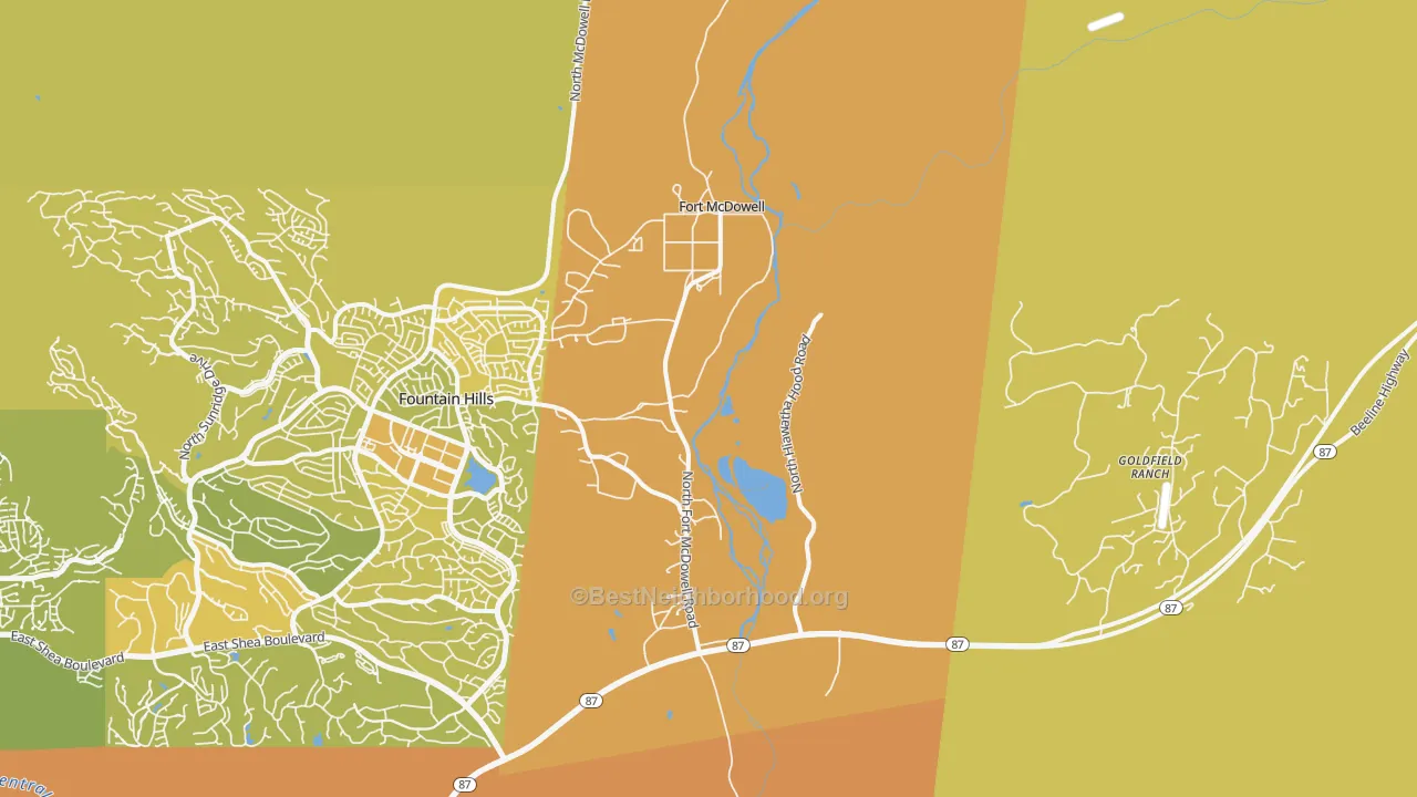 Map of the best neighborhoods in the Fort McDowell area, with better matches in green and worse matches in red