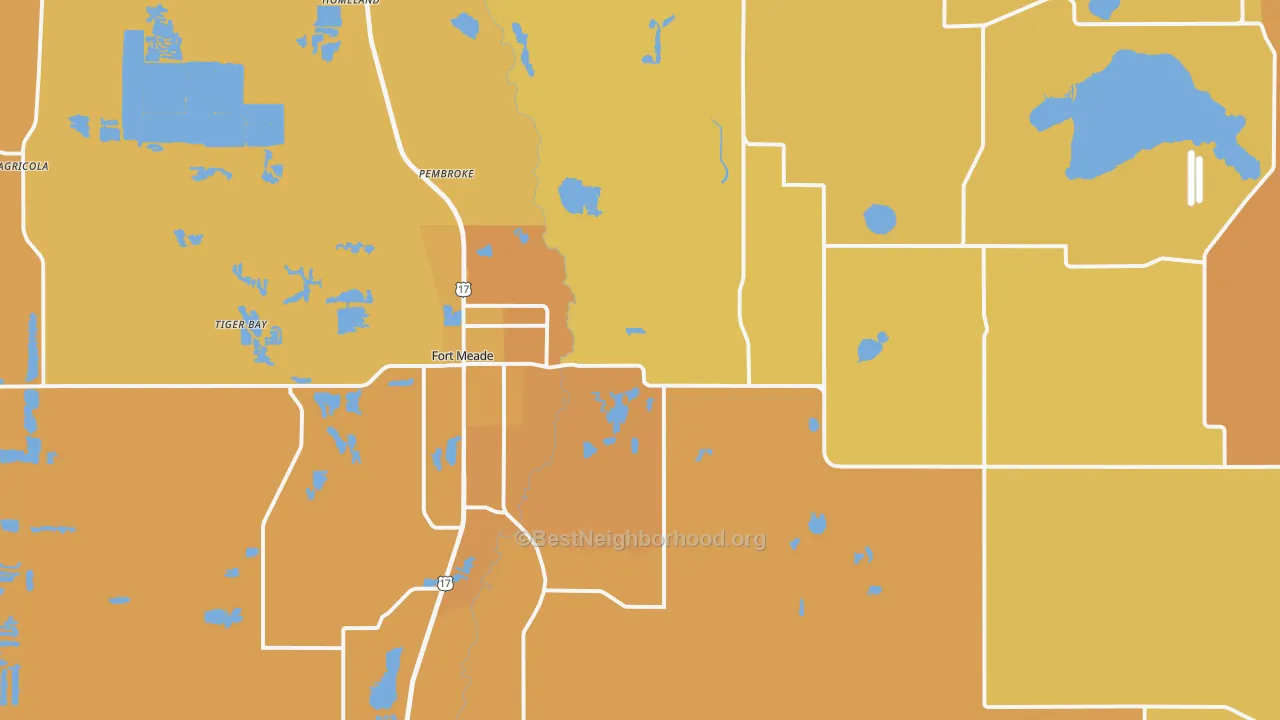 Map of the best neighborhoods in the Fort Meade area, with better matches in green and worse matches in red