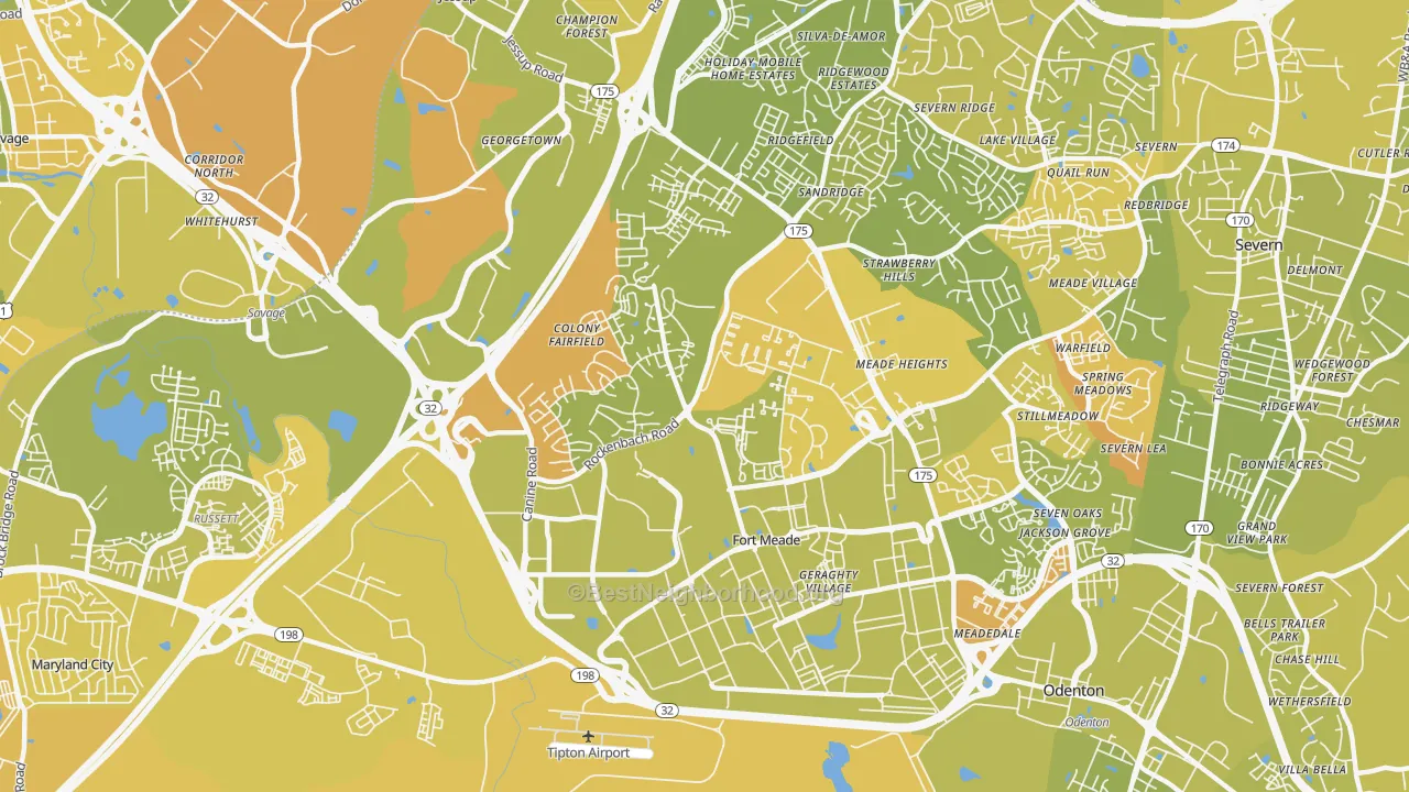 Map of the best neighborhoods in the Fort Meade area, with better matches in green and worse matches in red