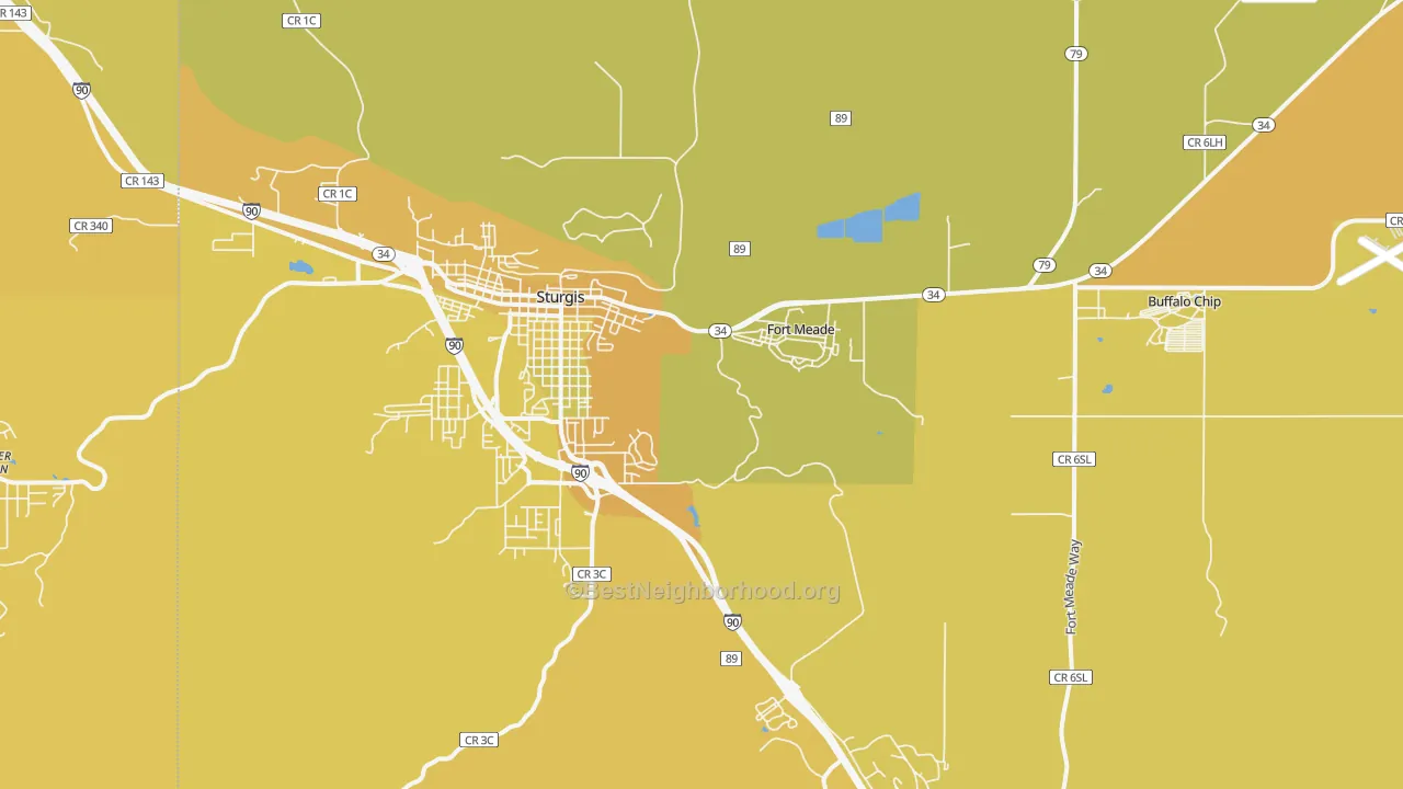Map of the best neighborhoods in the Fort Meade area, with better matches in green and worse matches in red