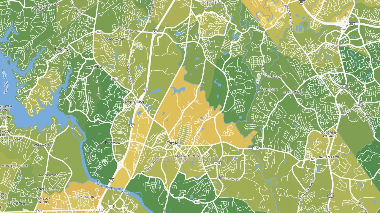 Map of the best neighborhoods in the Fort Mill area, with better matches in green and worse matches in red