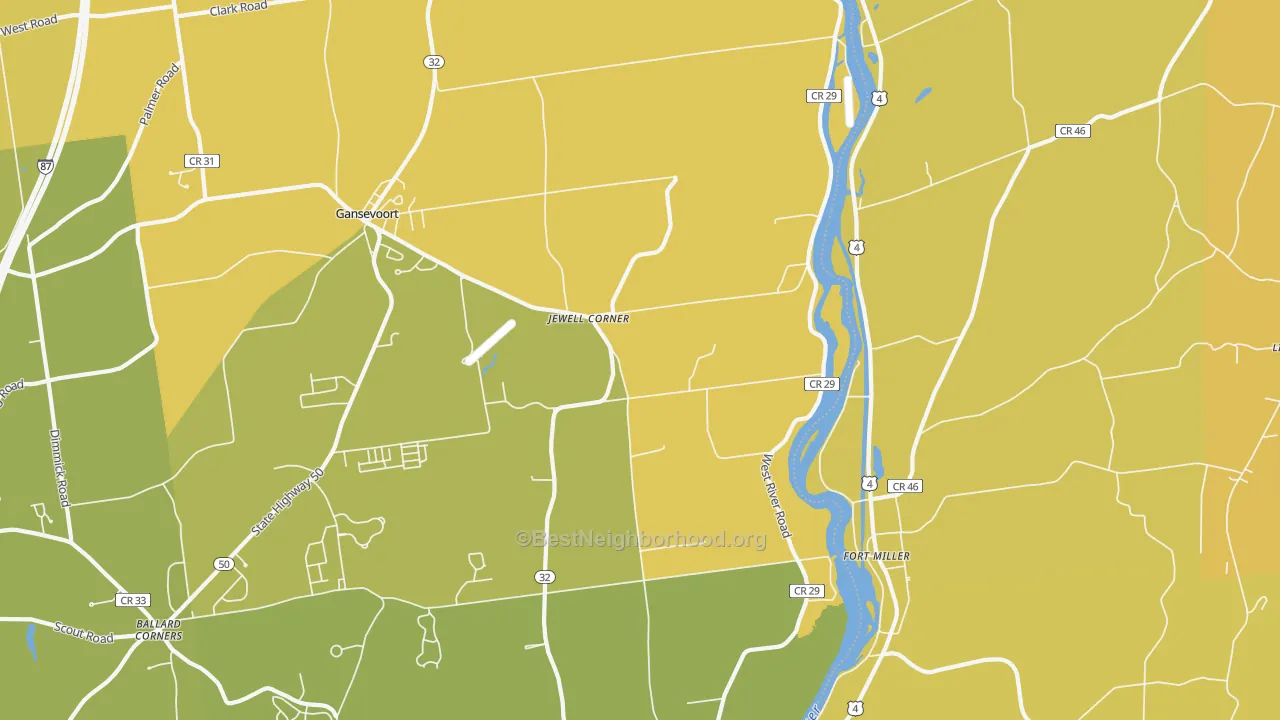 Map of the best neighborhoods in the Fort Miller area, with better matches in green and worse matches in red
