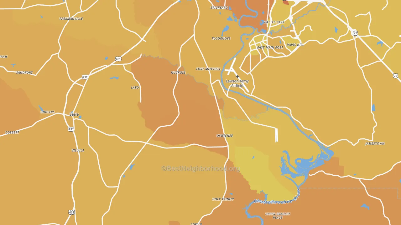 Map of the best neighborhoods in the Fort Mitchell area, with better matches in green and worse matches in red