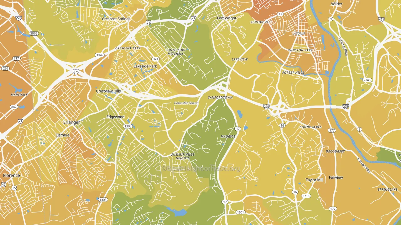 Map of the best neighborhoods in the Fort Mitchell area, with better matches in green and worse matches in red