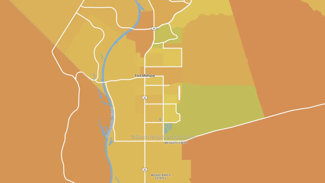Map of the best neighborhoods in the Fort Mohave area, with better matches in green and worse matches in red