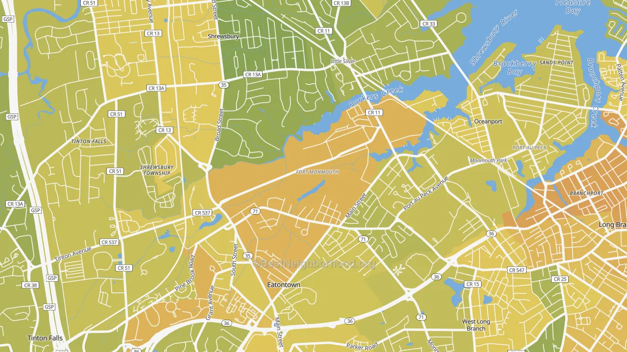 Map of the best neighborhoods in the Fort Monmouth area, with better matches in green and worse matches in red