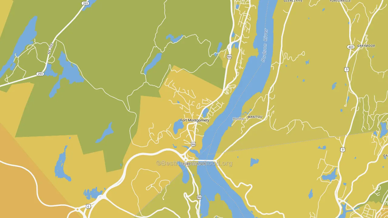 Map of the best neighborhoods in the Fort Montgomery area, with better matches in green and worse matches in red