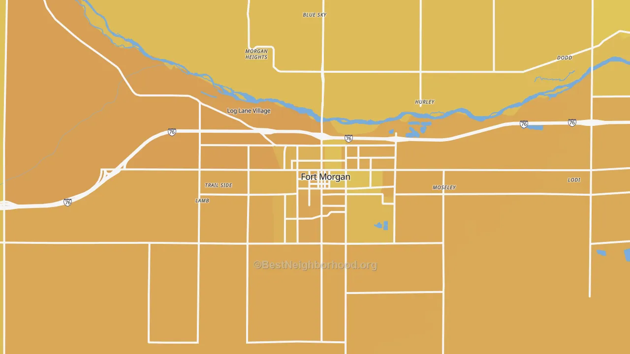 Map of the best neighborhoods in the Fort Morgan area, with better matches in green and worse matches in red