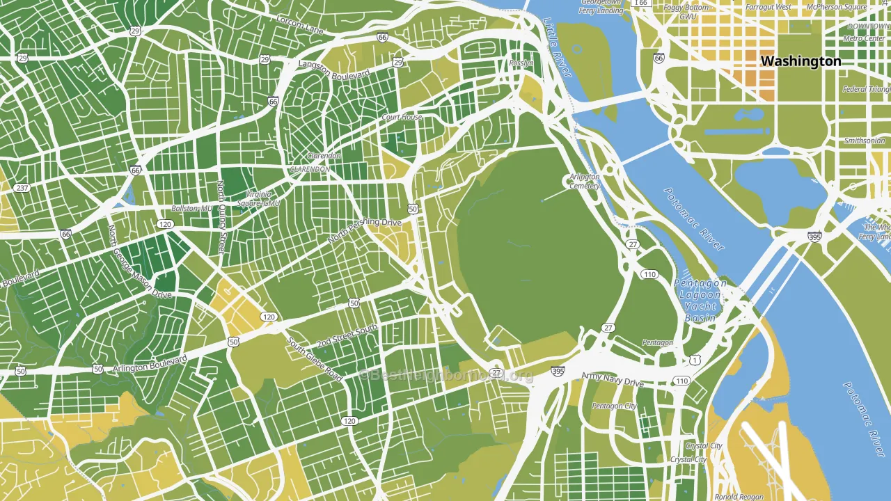 Map of the best neighborhoods in the Fort Myer area, with better matches in green and worse matches in red