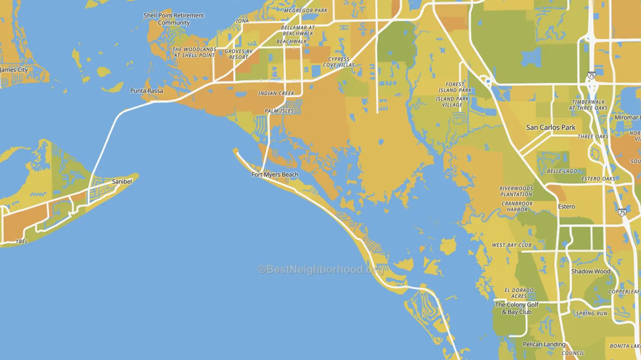 Map of the best neighborhoods in the Fort Myers Beach area, with better matches in green and worse matches in red