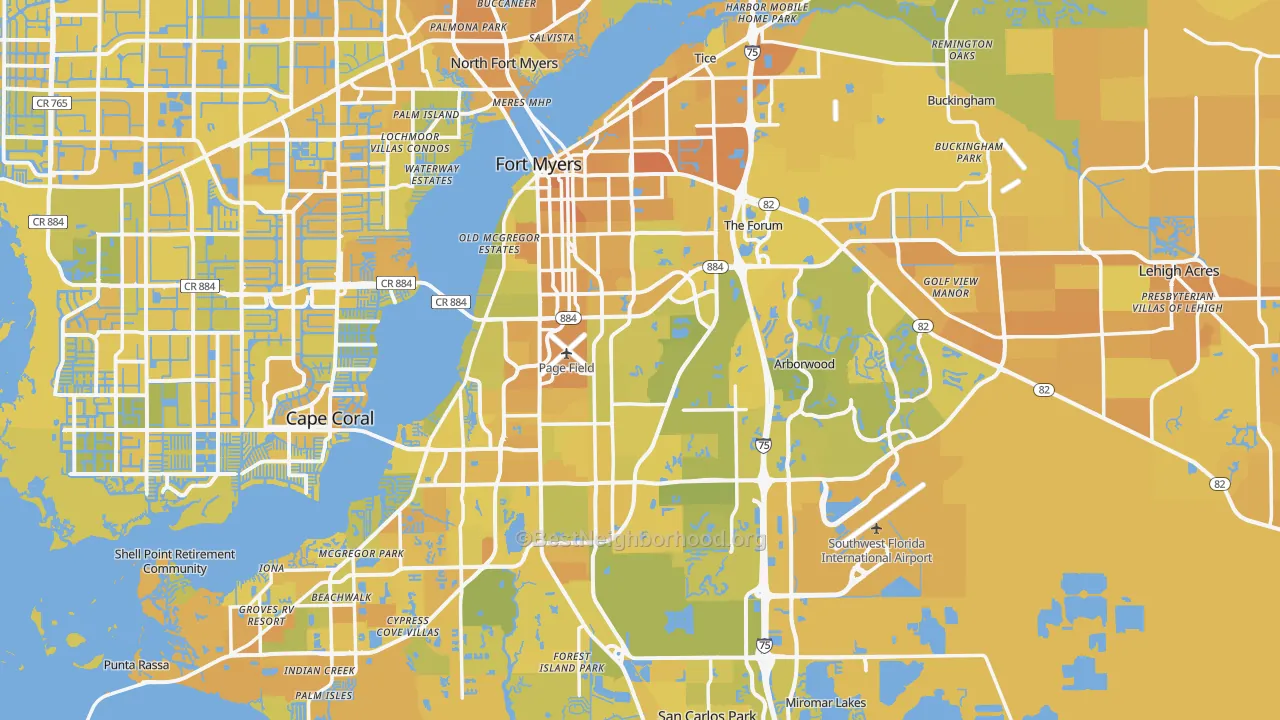 Map of the best neighborhoods in the Fort Myers Metro area, with better matches in green and worse matches in red